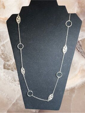 Kristin Davis Silver Tone Long Necklace Round Hoops And Oval Filigree Pieces